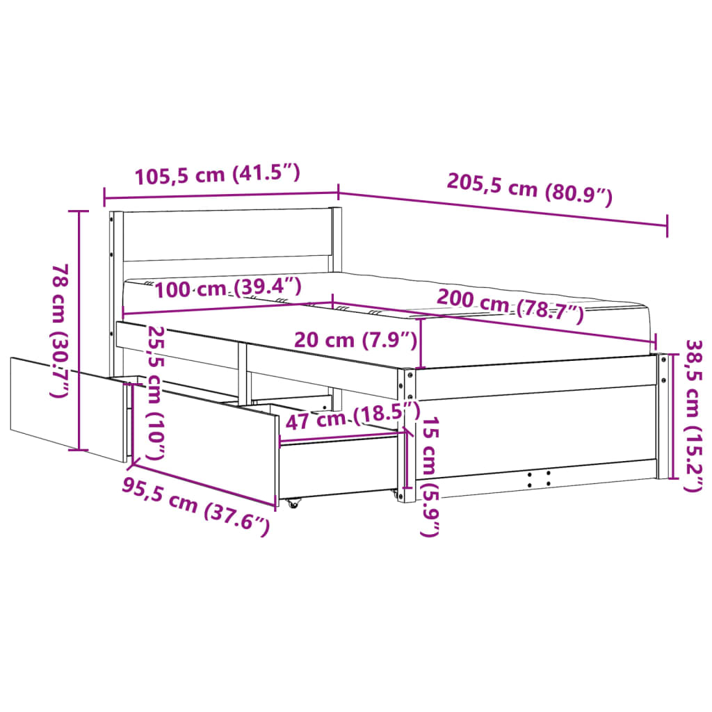 Krevet s ladicama i madracem voštano smeđi 100x200 cm borovina