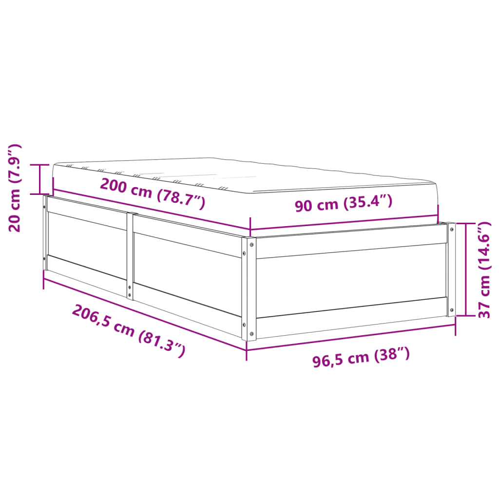 Krevet s madracem bijeli 90 x 200 cm od masivne borovine