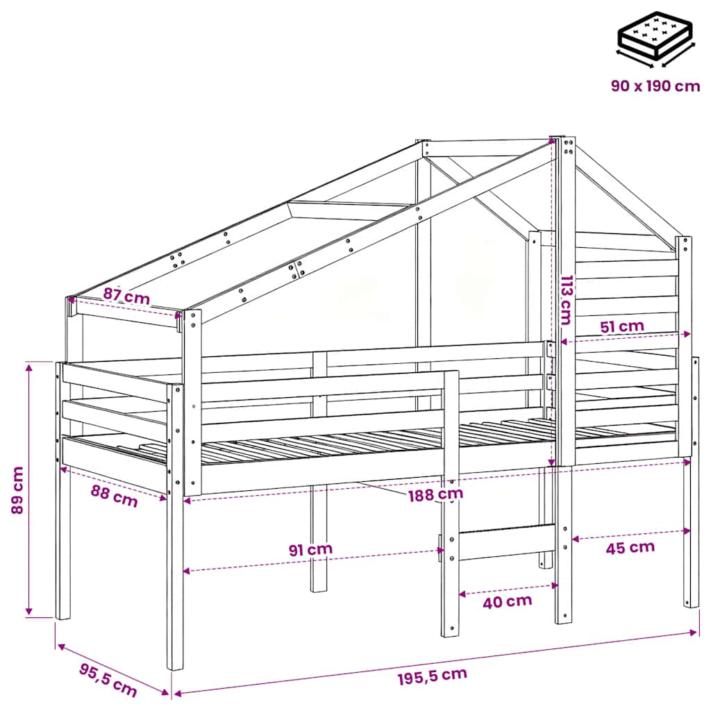 Visoki krevet s krovom 90 x 190 cm od masivne borovine