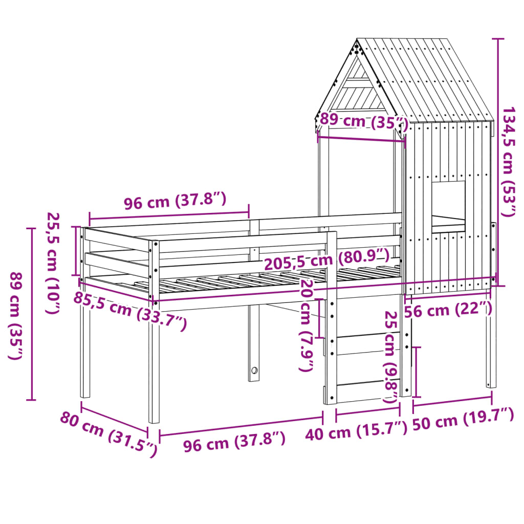 Visoki krevet s krovom bijeli 80 x 200 cm od masivne borovine