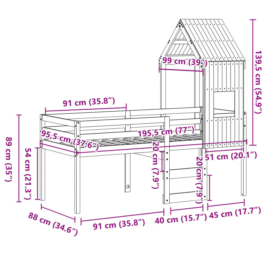 Visoki krevet s krovom 90 x 190 cm od masivne borovine