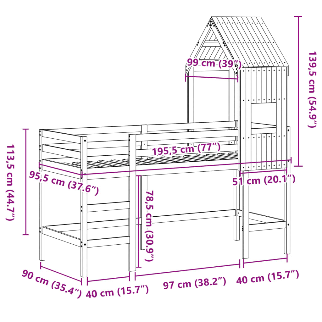 Krevet na kat s ljestvama i krovom 90x190 cm od borovine