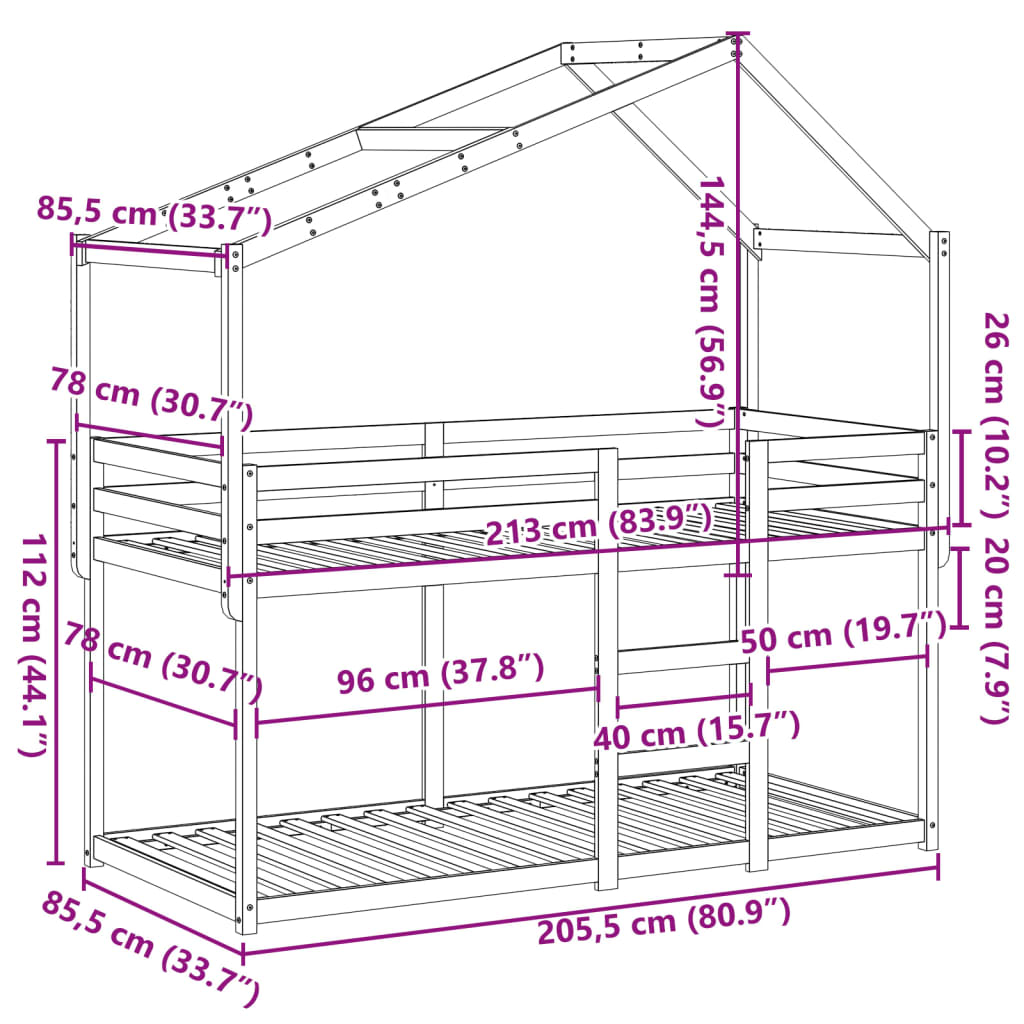 Krevet na kat s krovom 80 x 200 cm od masivne borovine