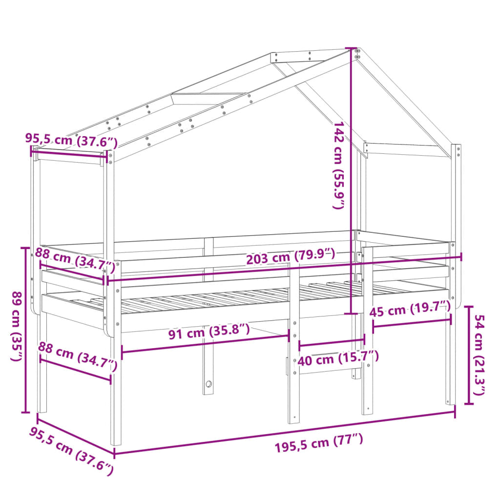 Visoki krevet s krovom 90 x 190 cm od masivne borovine