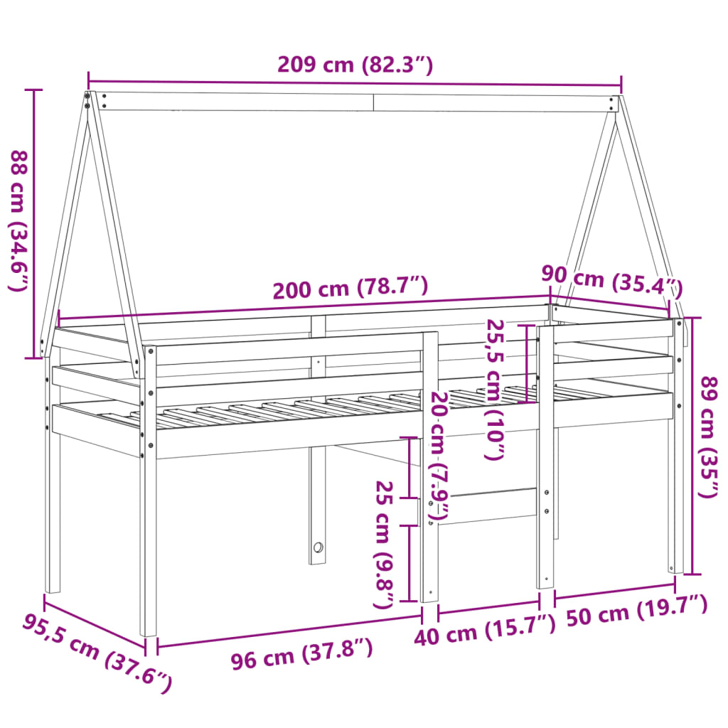 Visoki krevet s krovom voštano smeđi 90x200 cm masivna borovina
