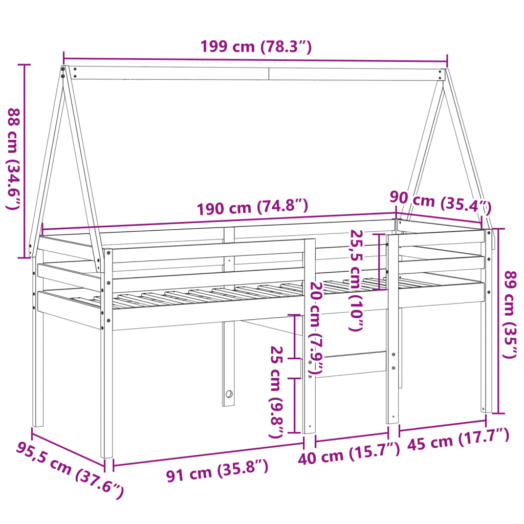 Visoki krevet s krovom bijeli 90 x 190 cm od masivne borovine