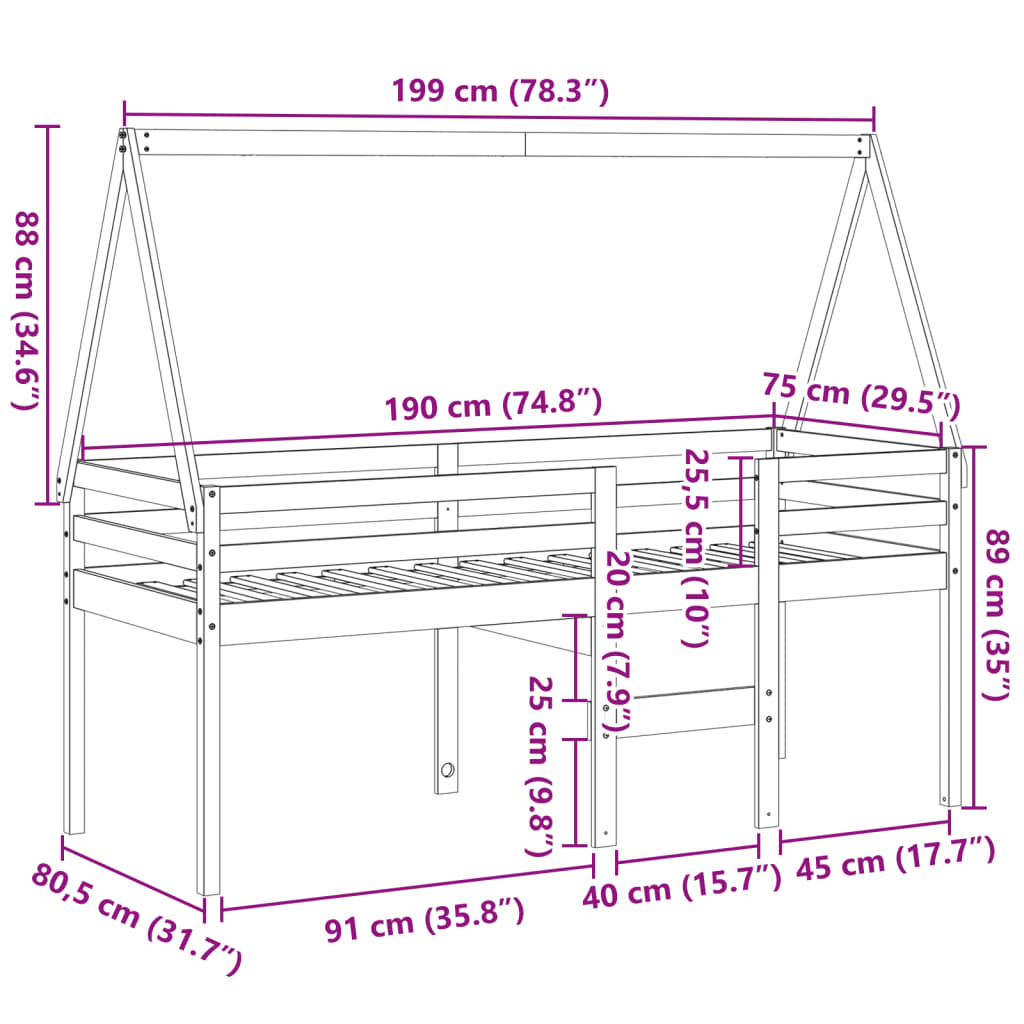 Visoki krevet s krovom 75 x 190 cm od masivne borovine