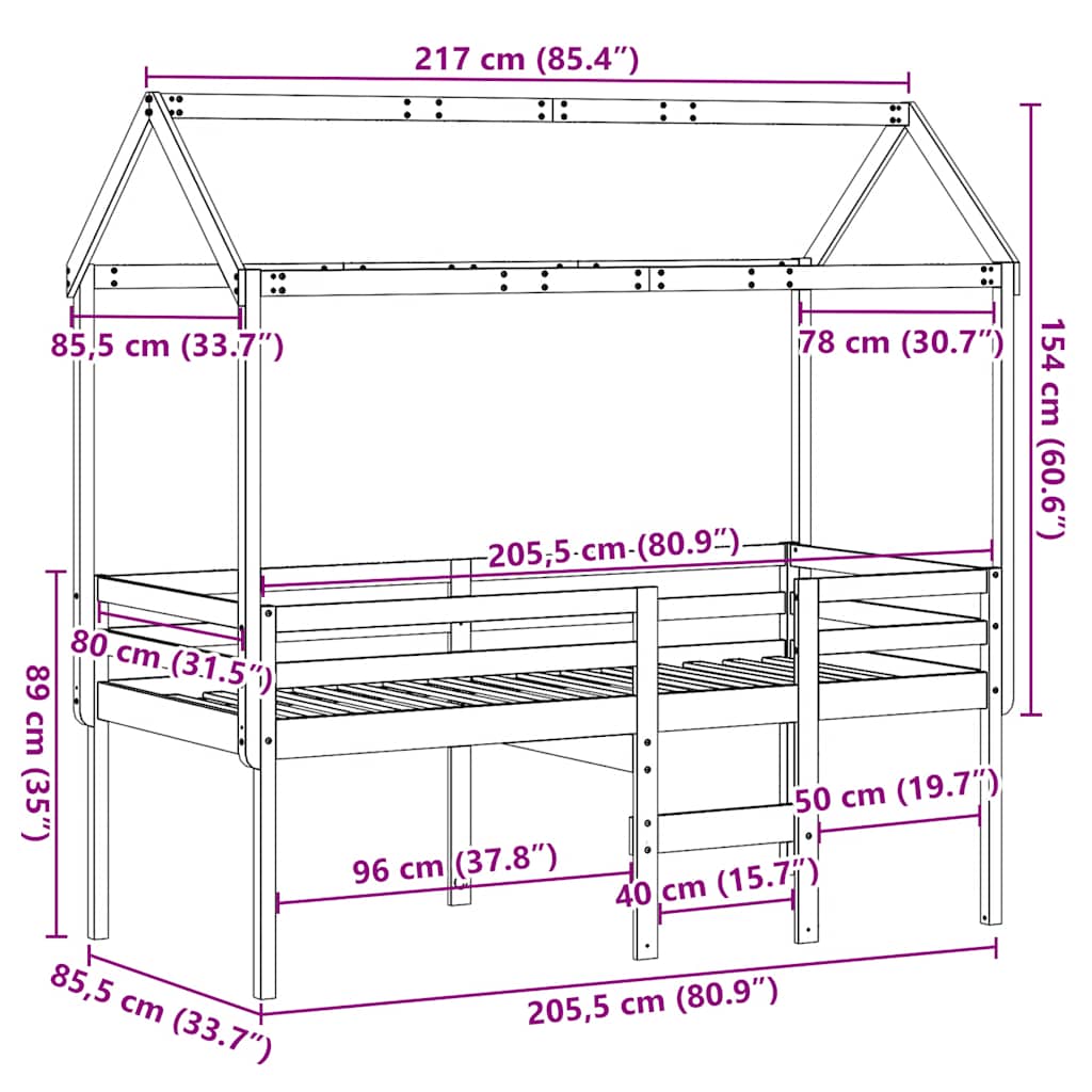 Visoki krevet s krovom voštano smeđi 80x200 cm masivna borovina