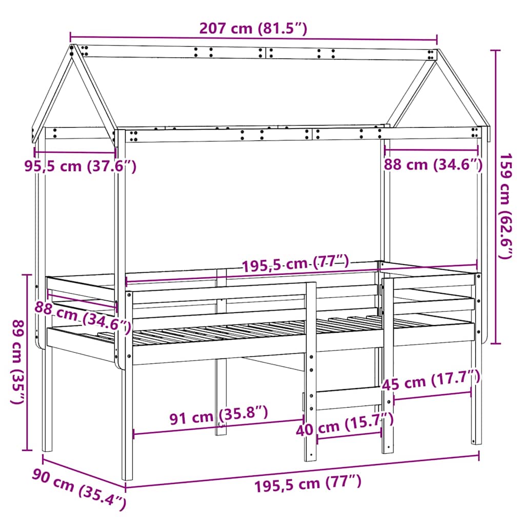 Visoki krevet s krovom bijeli 90 x 190 cm od masivne borovine