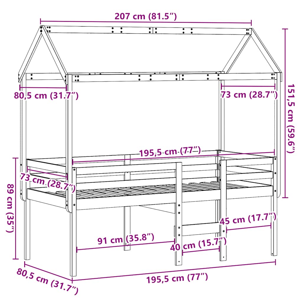 Visoki krevet s krovom 75 x 190 cm od masivne borovine