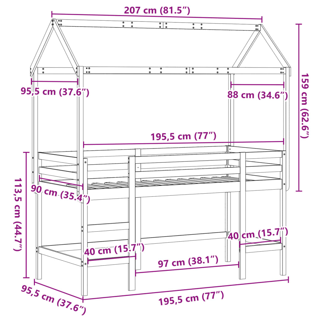 Krevet na kat s ljestvama i krovom 90x190 cm od borovine