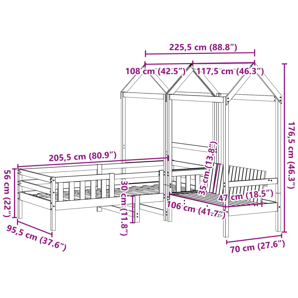 Set kreveta i klupe s krovom voštano smeđi 90 x 200 cm borovina