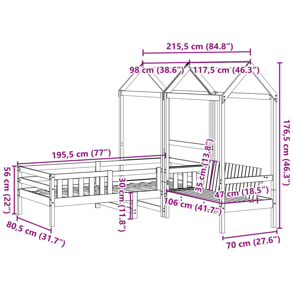 Set kreveta i klupe s krovom bijeli 75x190 cm puno drvo bor
