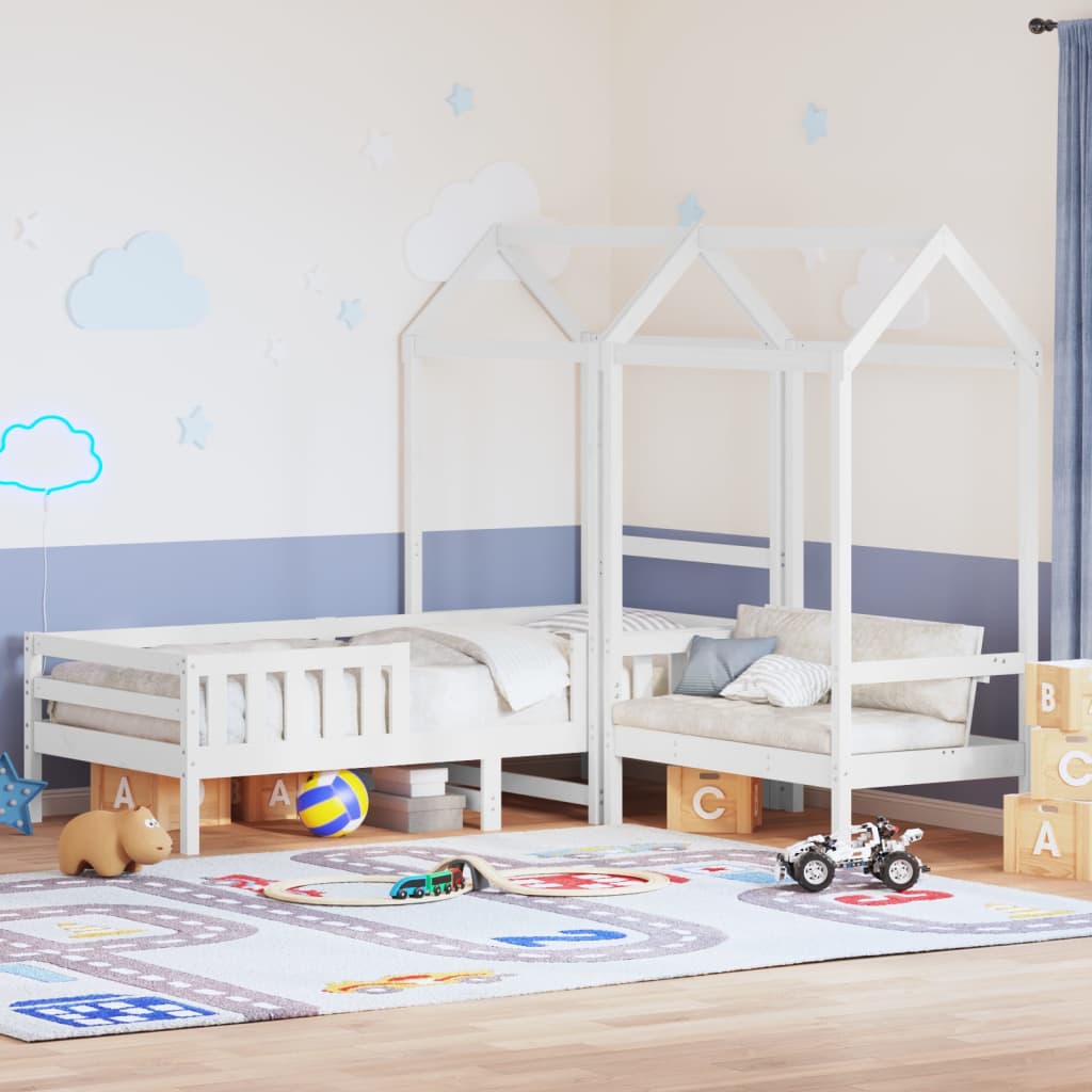 Set kreveta i klupe s krovom bijeli 75x190 cm puno drvo bor