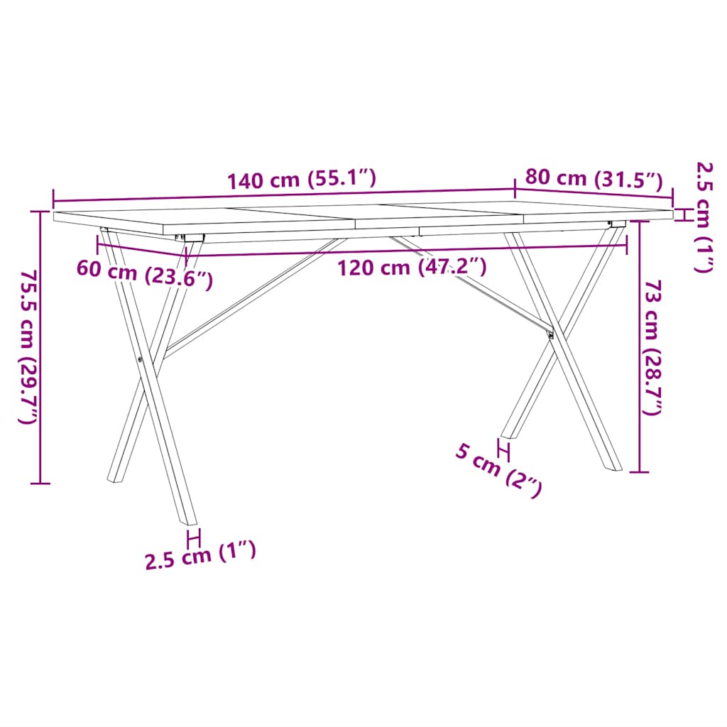 Blagovaonski stol X-oblika 140x80x75,5 cm od borovine i čelik