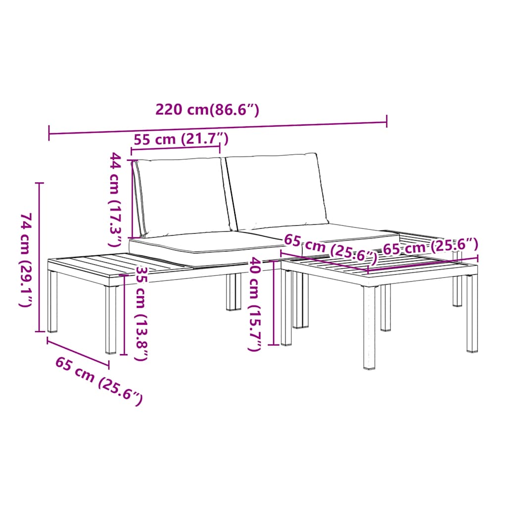 3-dijelni set vrtnih sofa s jastucima crni aluminijski
