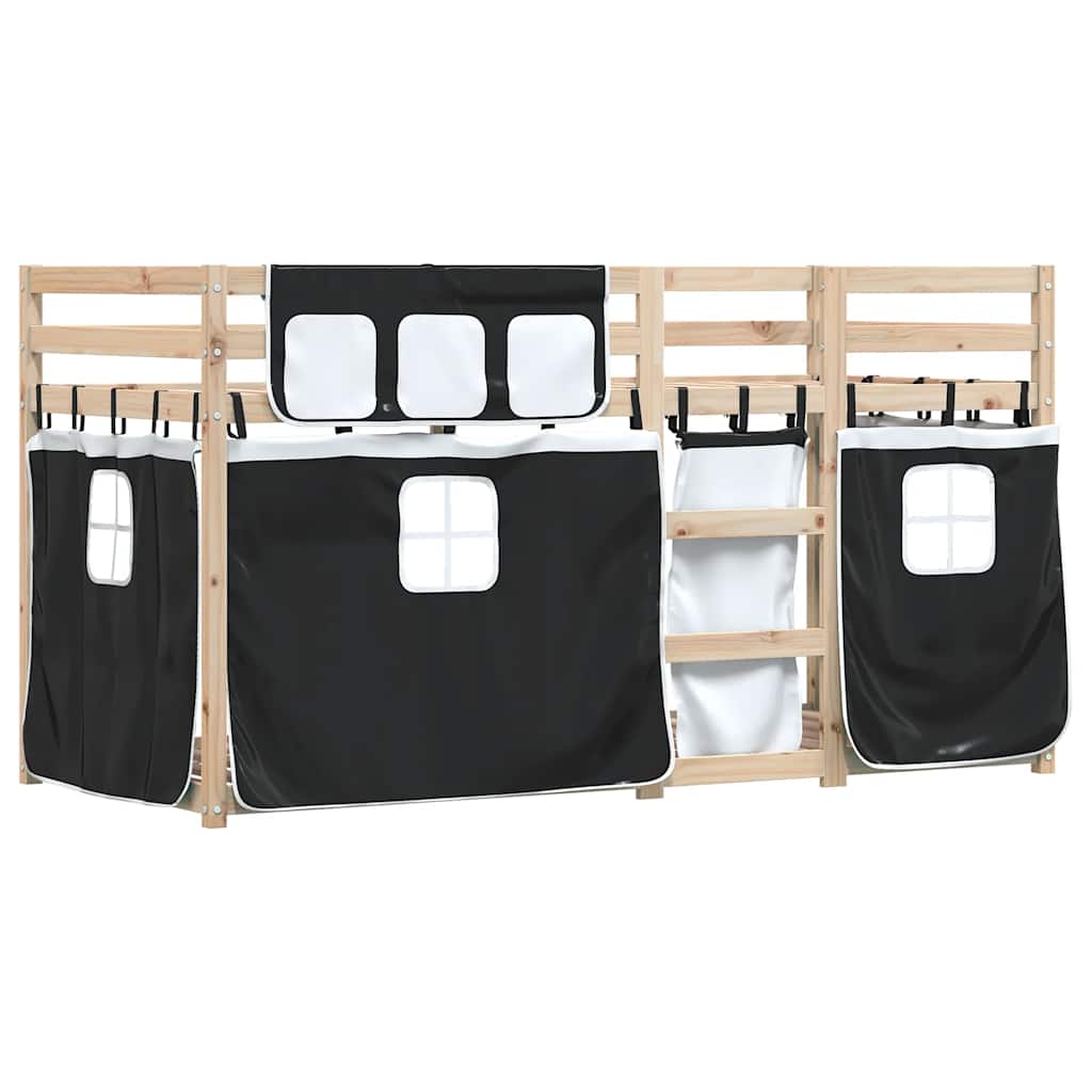Krevet na kat sa zavjesama bijelo-crni 80 x 200 cm od borovine