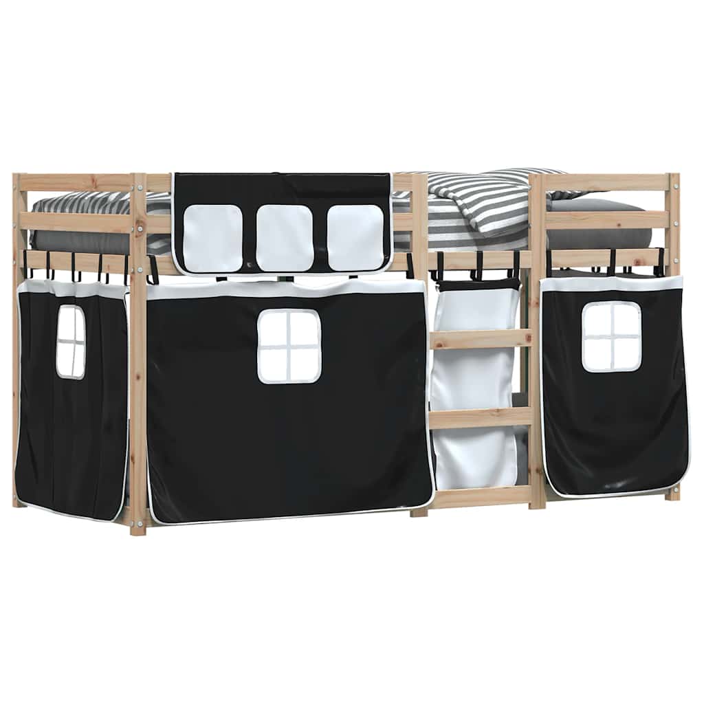 Krevet na kat sa zavjesama bijelo-crni 90 x 190 cm od borovine