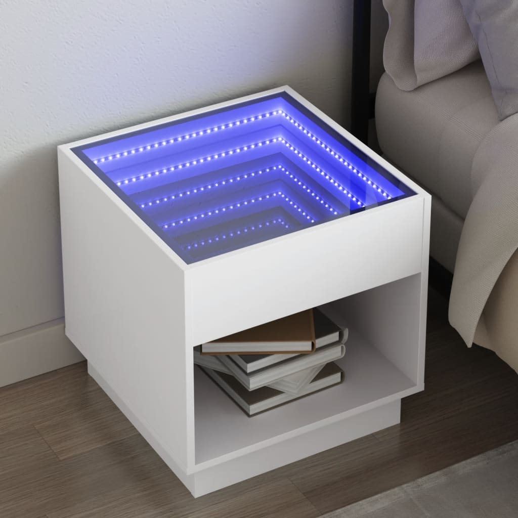 Noćni ormarić s beskonačnim LED svjetlima bijeli 50x50x50 cm