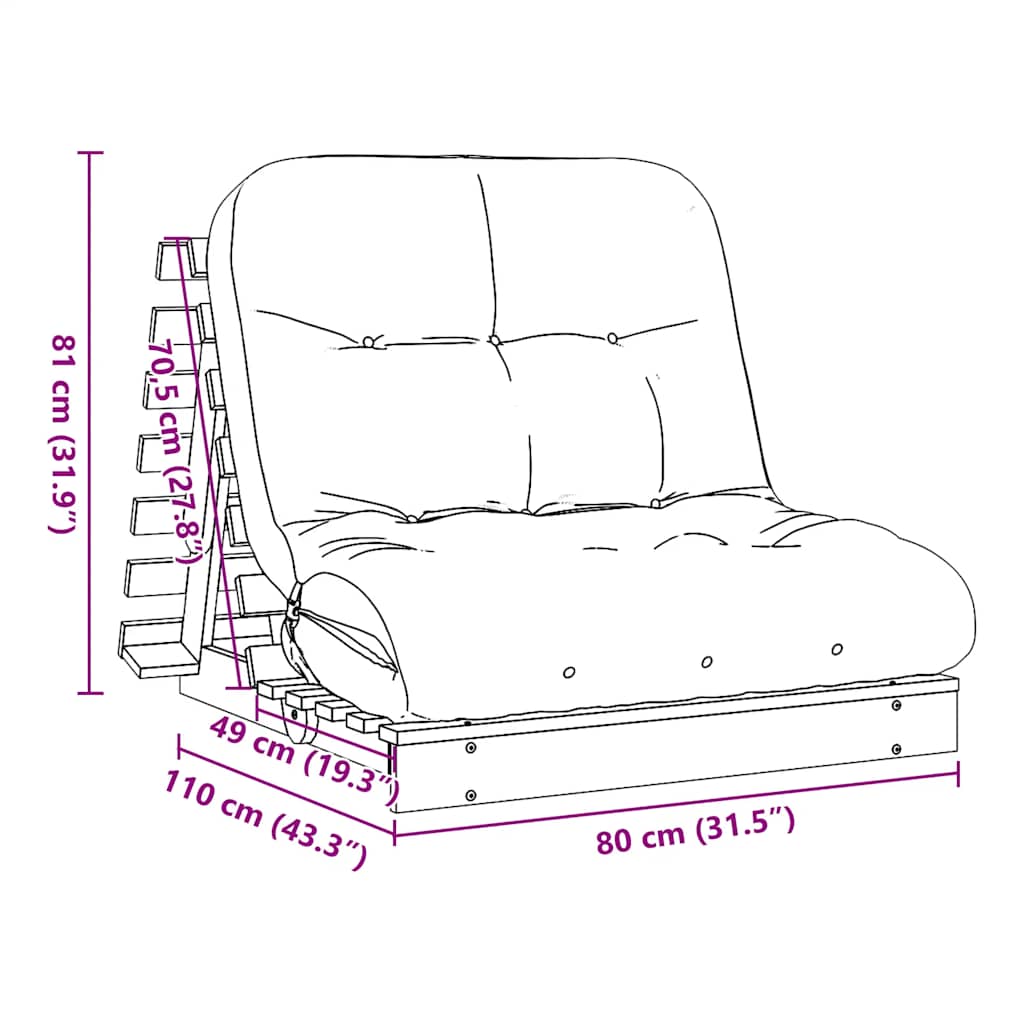 Futon na razvlačenje s madracem smeđi 80 x 206 x 11 cm borovina