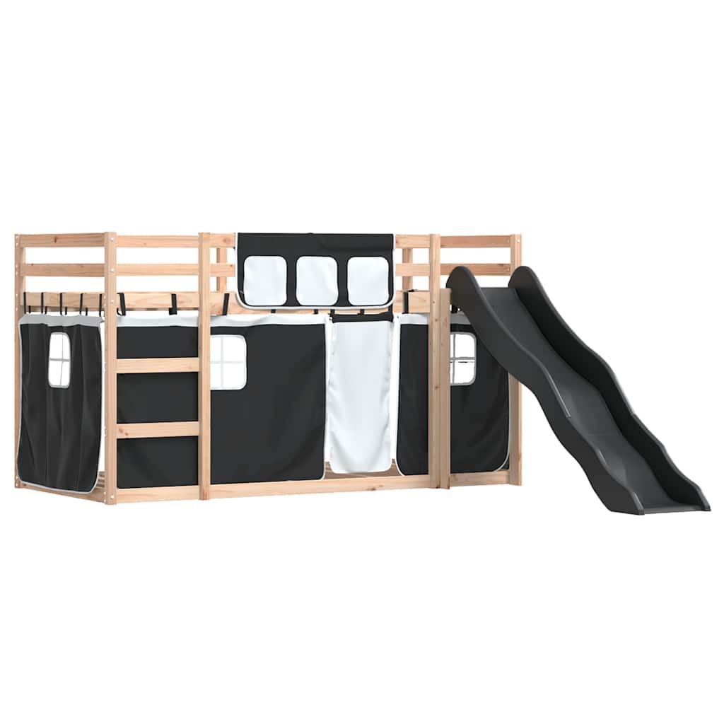 Krevet na kat s toboganom i zavjesama bijelo-crni 90 x 190 cm