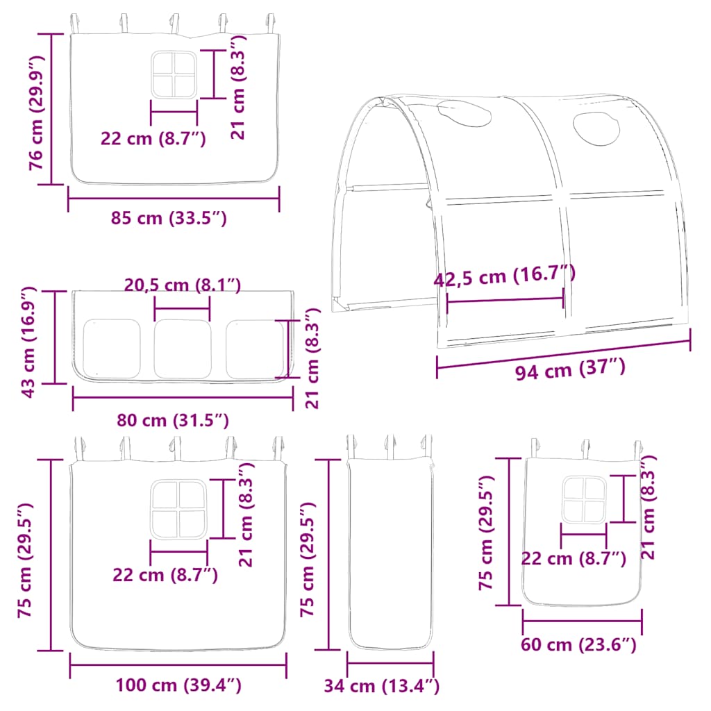 Krevet na kat s toboganom i zavjesama bijelo-crni 80 x 200 cm