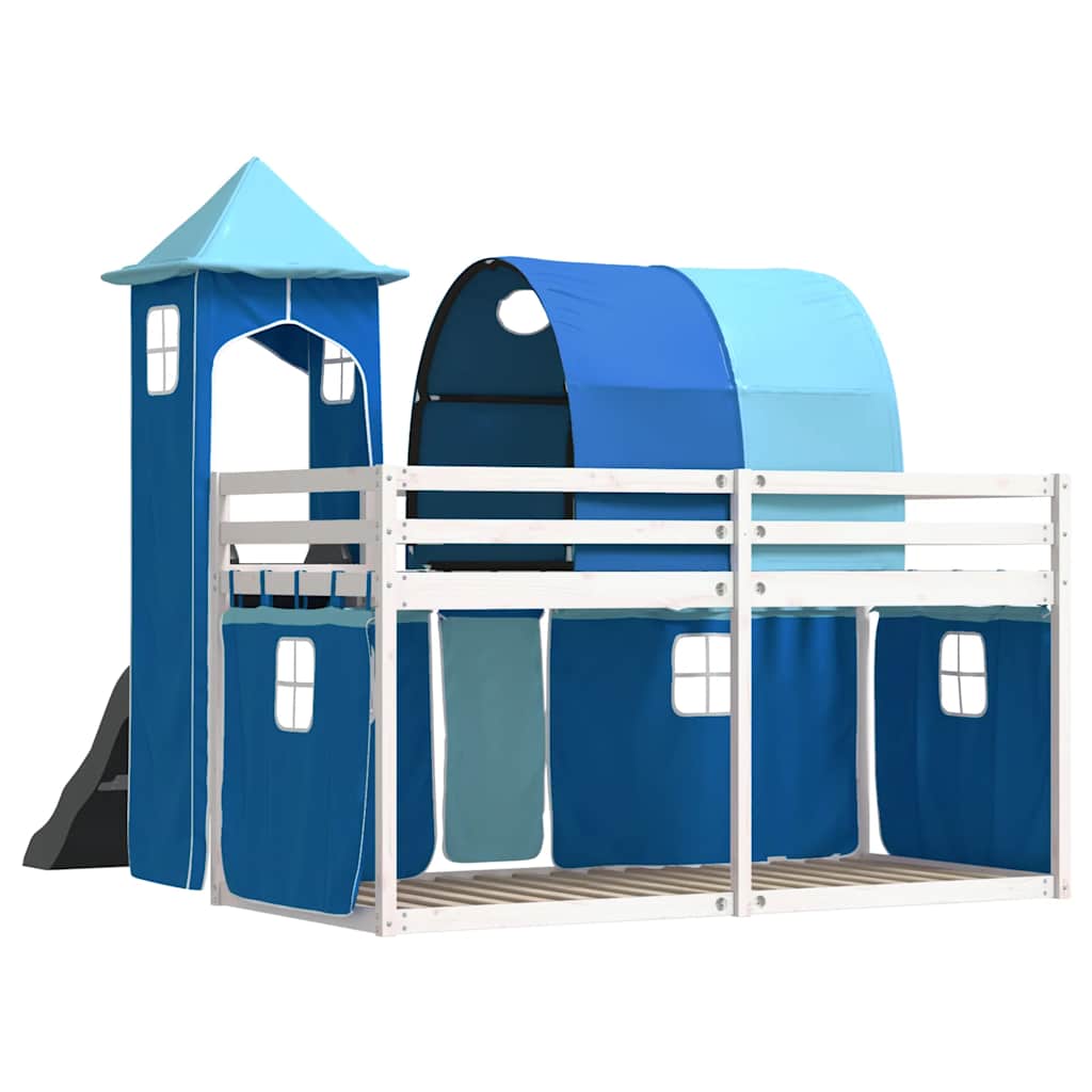 Krevet na kat s toboganom i zavjesama plavi 90 x 200 cm