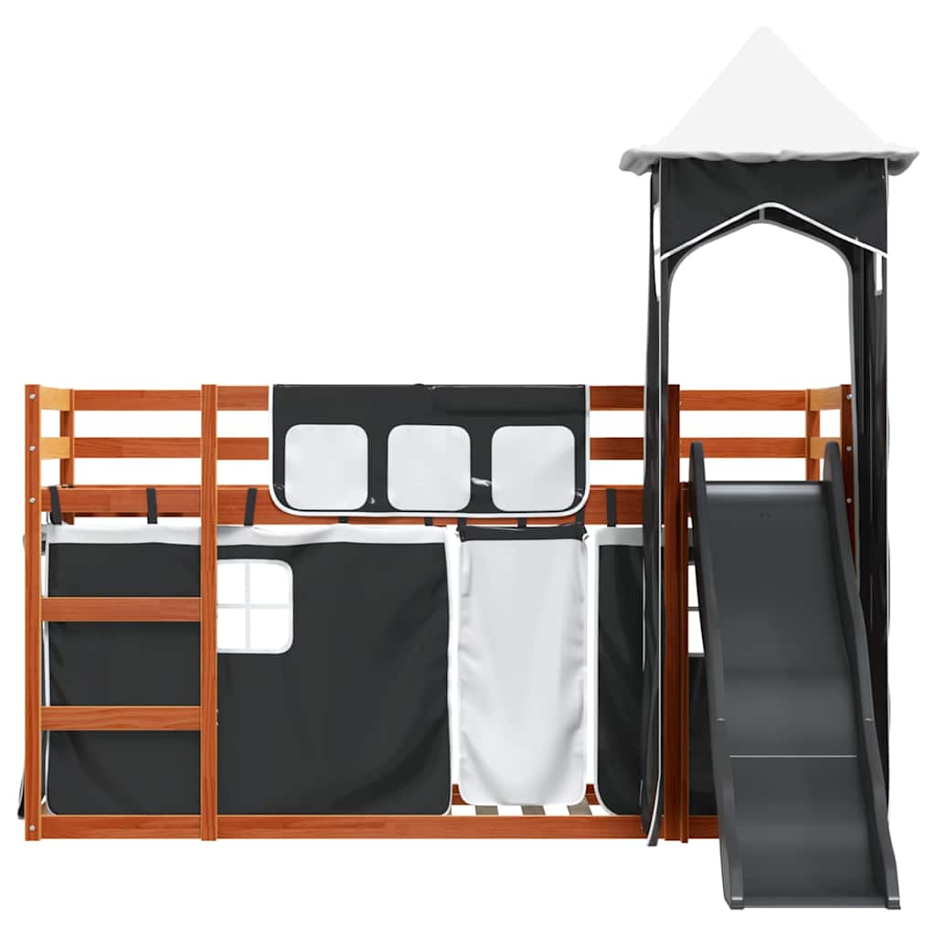Krevet na kat s toboganom i zavjesama bijelo-crni 90 x 200 cm