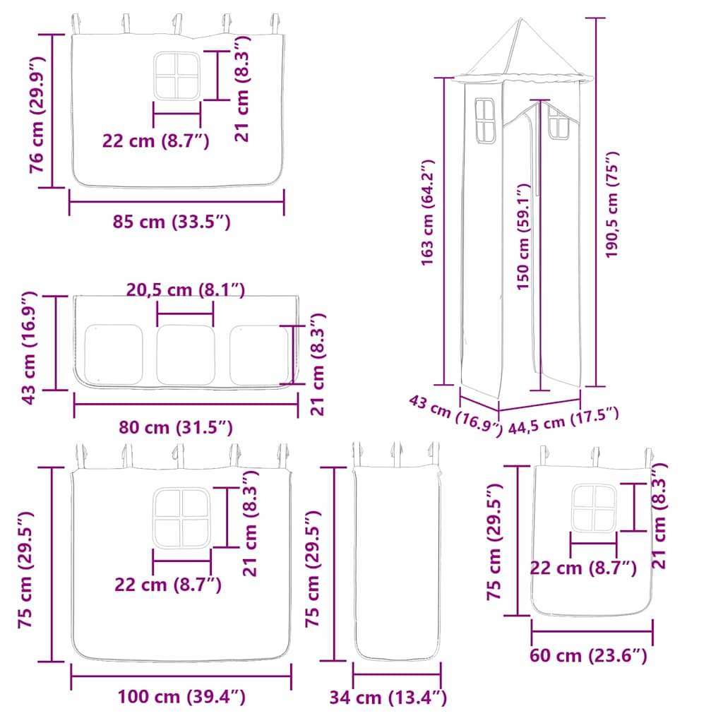 Krevet na kat s toboganom i zavjesama bijelo-crni 90 x 190 cm