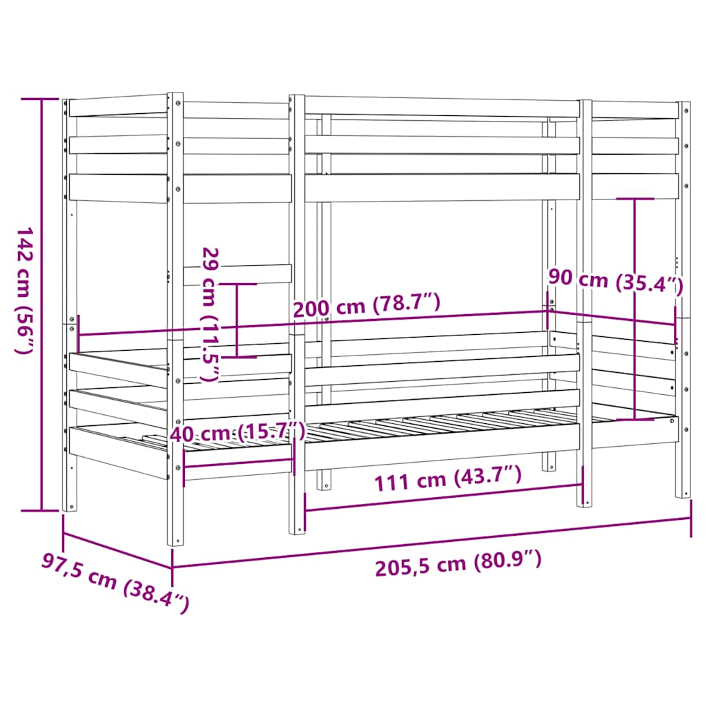 Krevet na kat 90 x 200 cm od masivne borovine