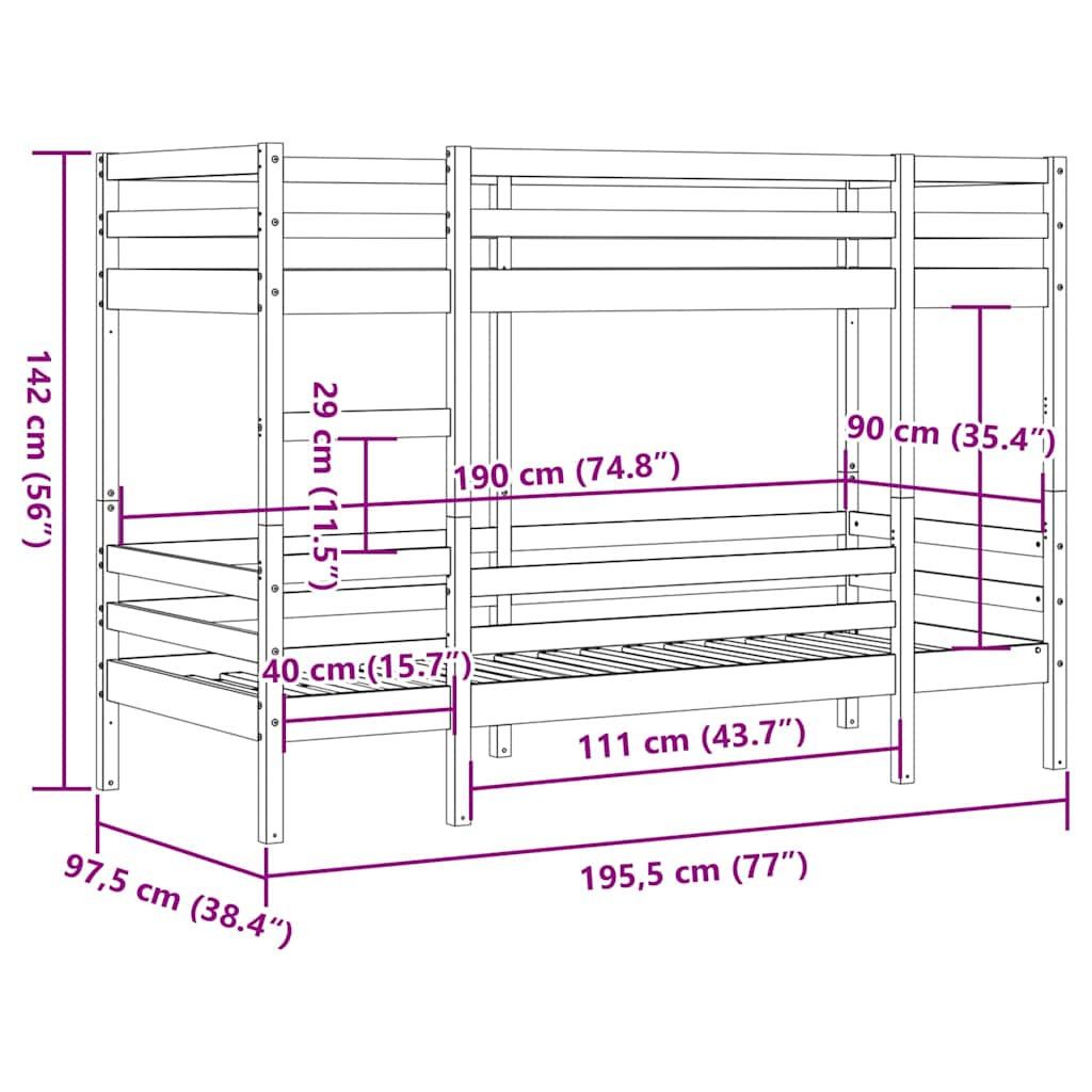 Krevet na kat bijeli 90 x 190 cm od masivne borovine