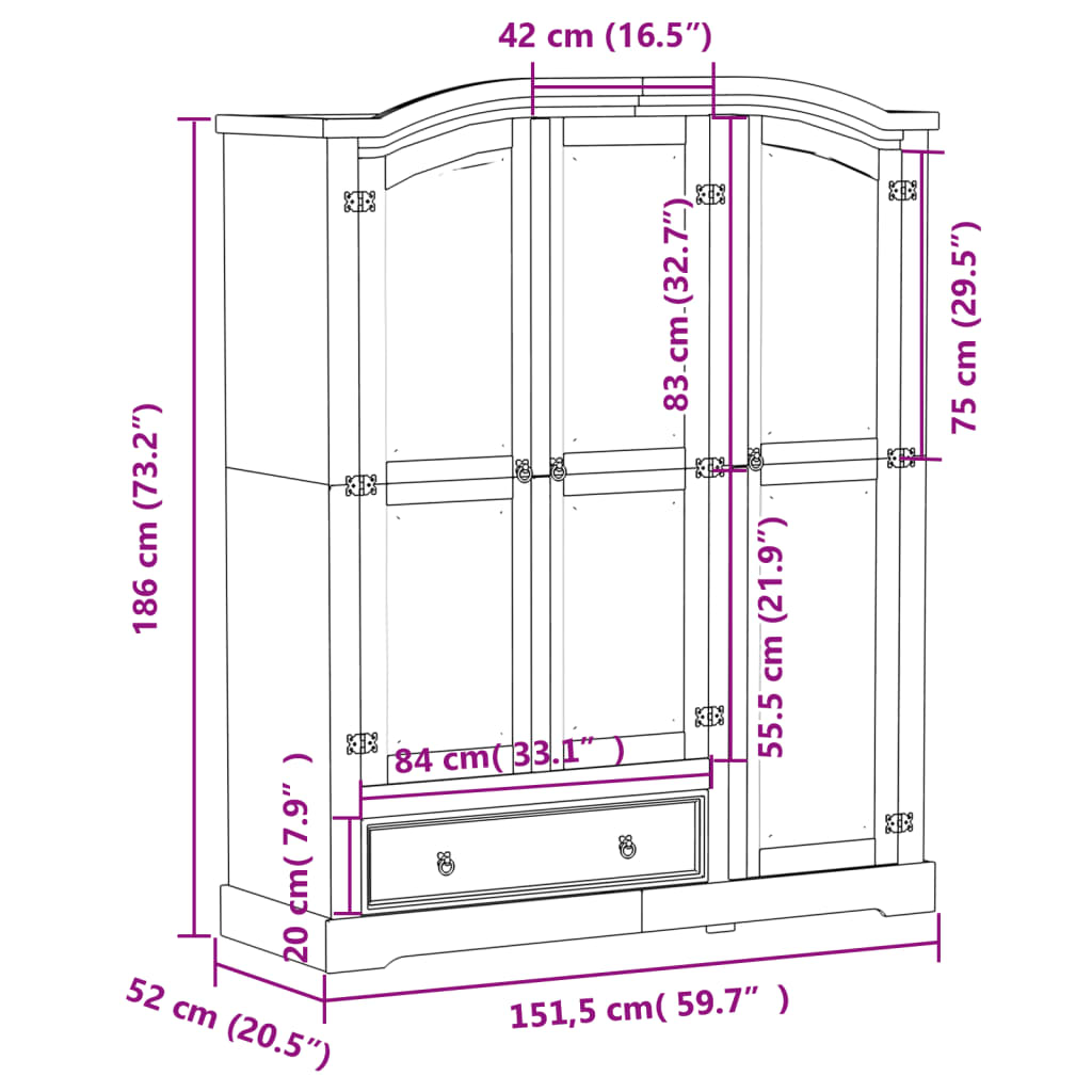 Ormar Corona 151,5 x 52 x 186 cm od masivne borovine