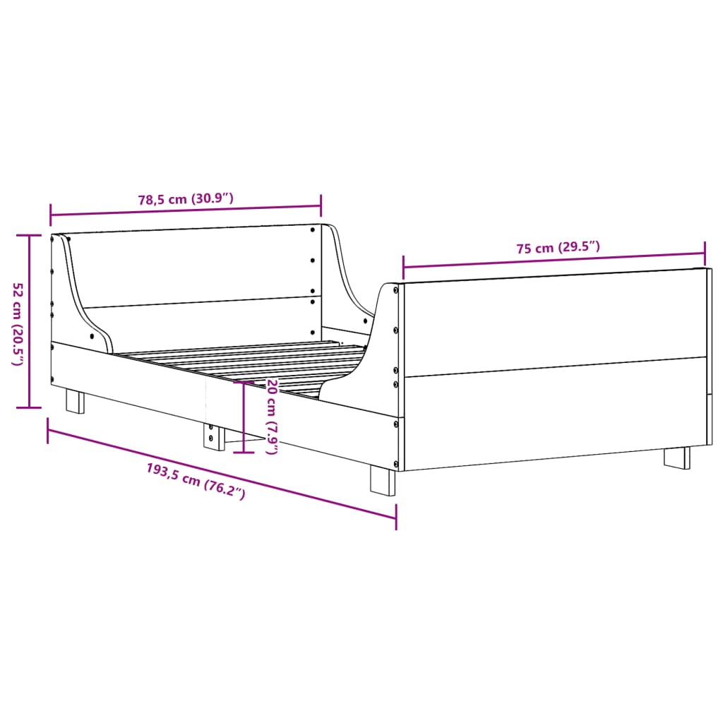 Okvir kreveta bez madraca 75 x 190 cm od masivne borovine