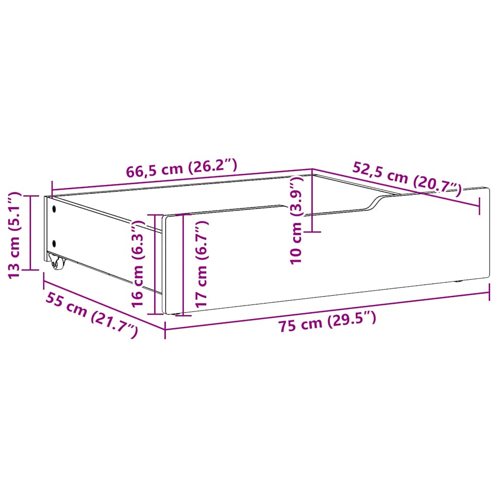 Ladice ispod kreveta 2 kom voštano smeđe 75x55x17cm od borovine