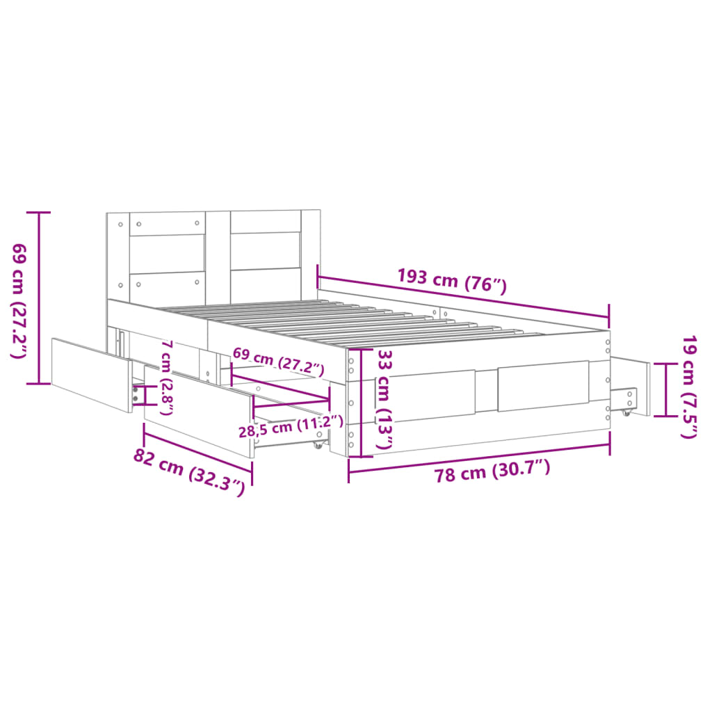 Okvir za krevet s uzglavljem boja sivog hrasta sonome 75x190 cm