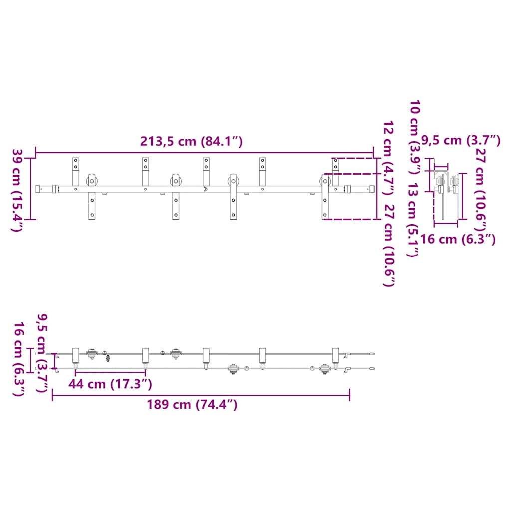 Pribor za klizna vrata 213,5 cm čelični crni