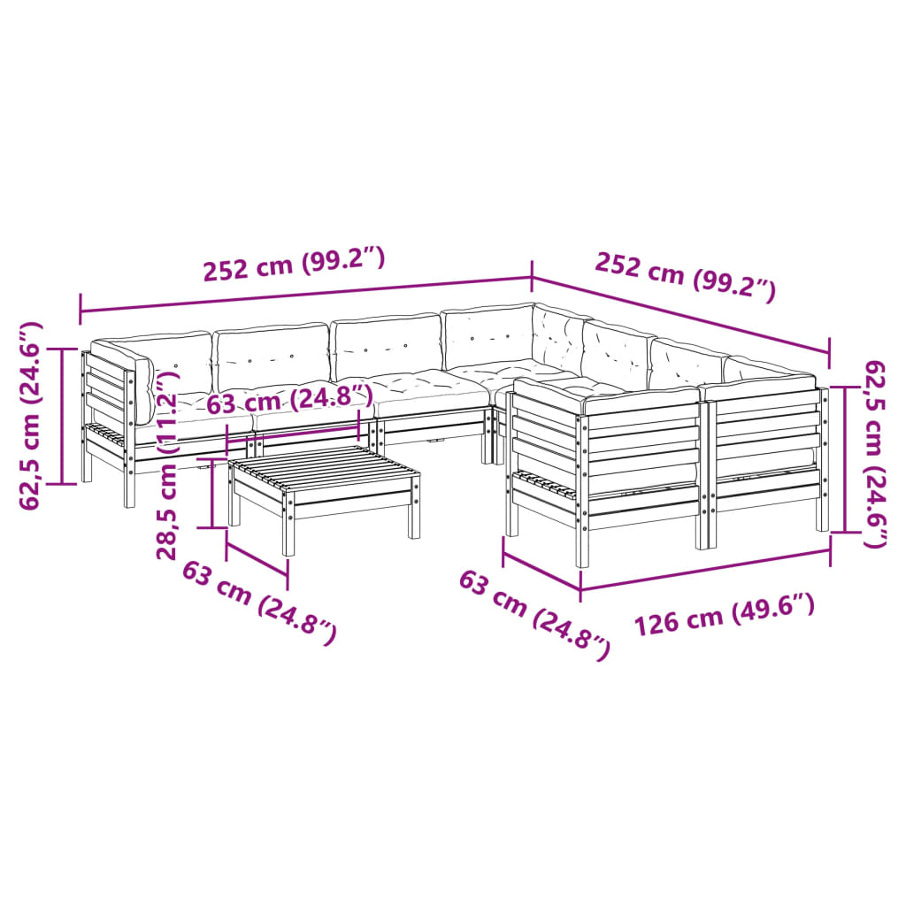 9-dijelni set vrtnih sofa s jastucima voštano smeđi od borovine