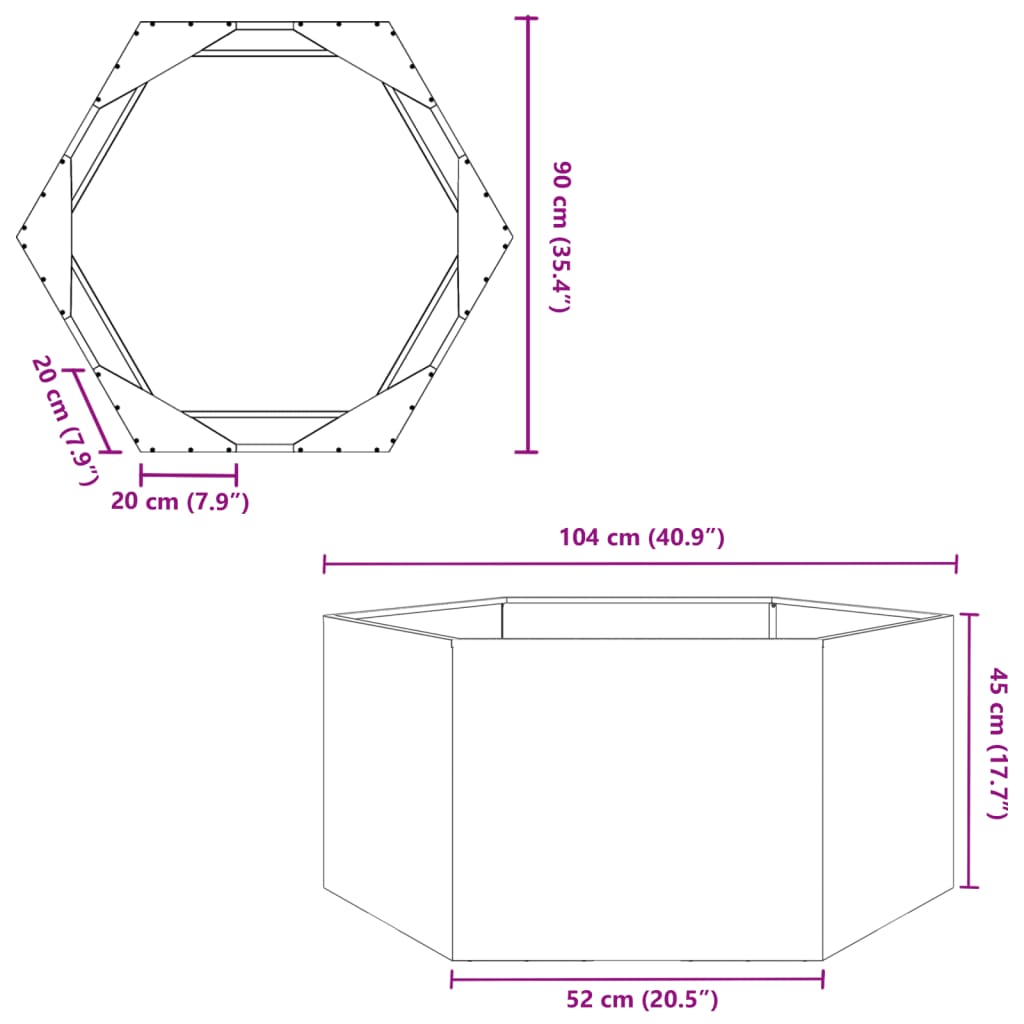 Vrtna sadilica crna šesterokutna 104 x 90 x 45 cm čelična