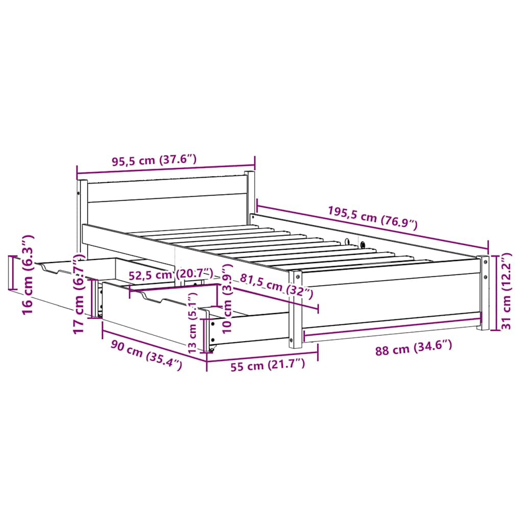 Okvir kreveta bez madraca bijeli 90 x 190 cm masivna borovina
