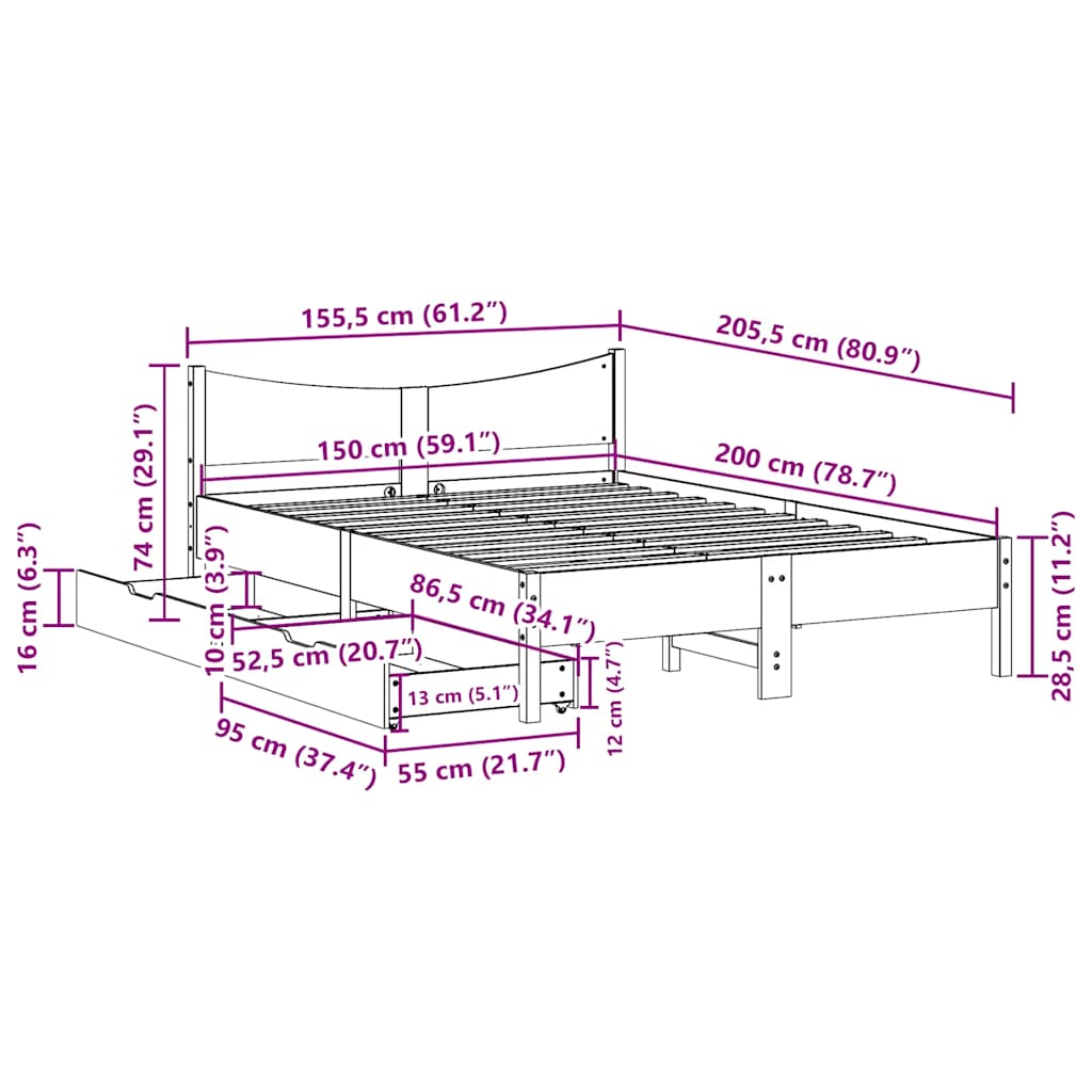 Okvir za krevet s ladicama bijeli 150 x 200 cm borovina
