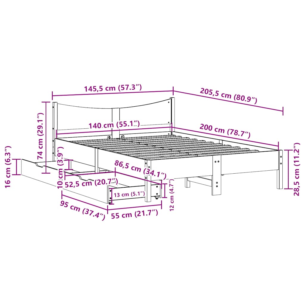 Okvir za krevet s ladicama bijela 140x200cm od masivne borovine
