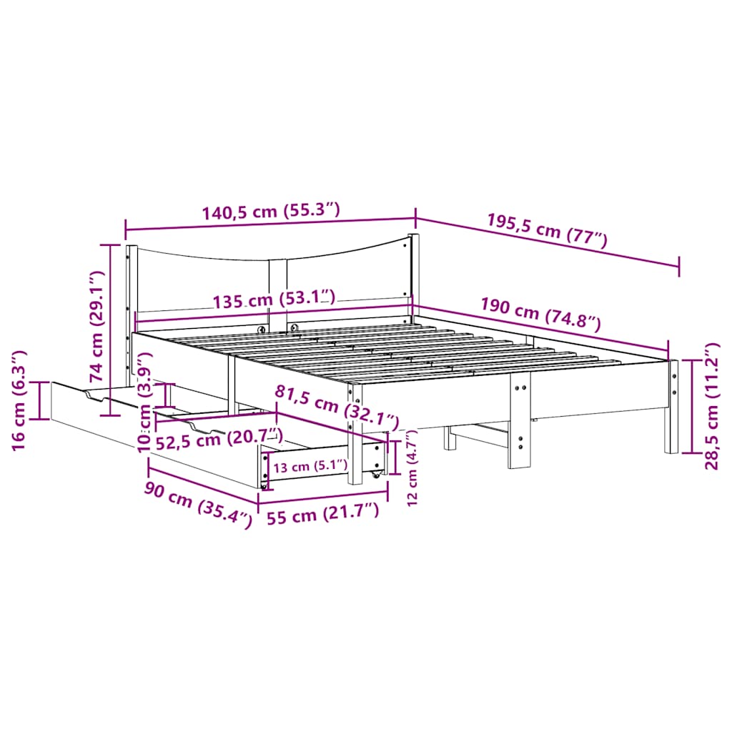 Okvir kreveta s ladicama 135 x 190 cm od masivne borovine