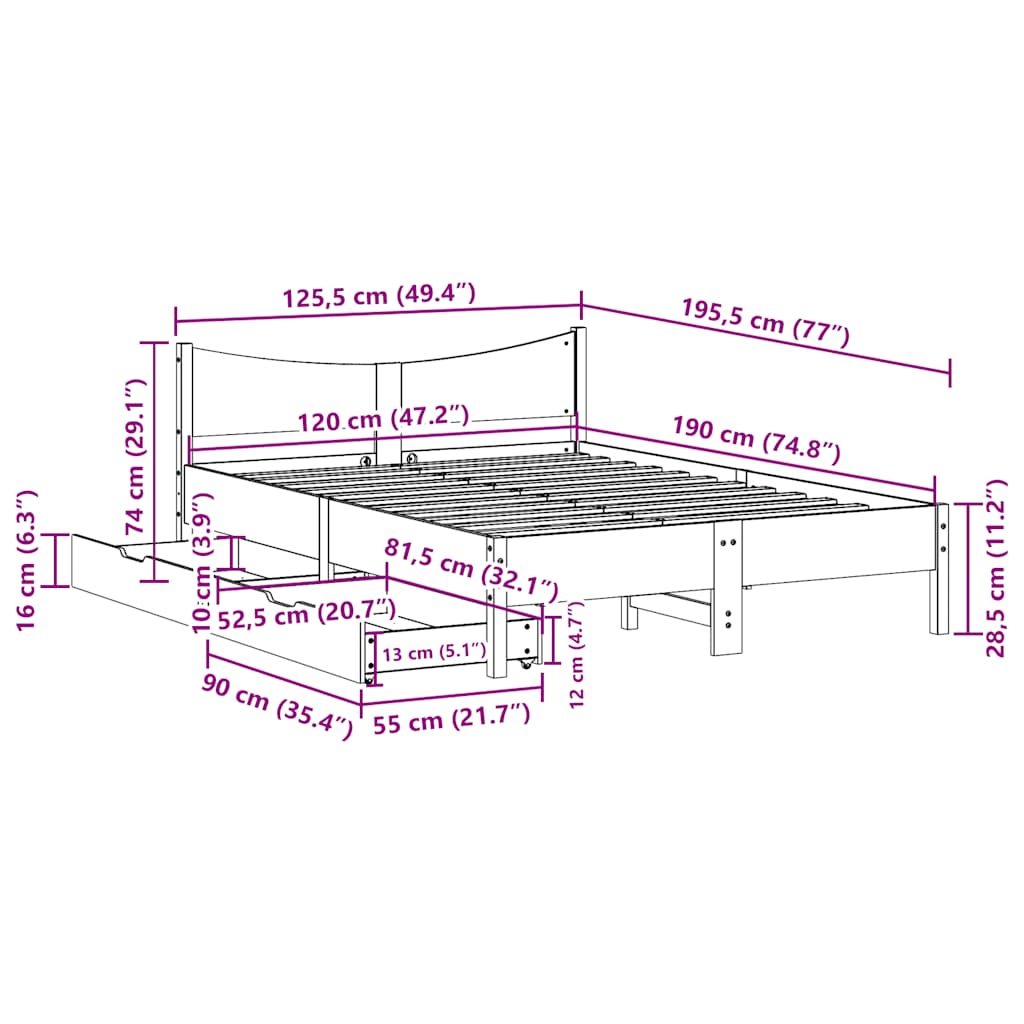 Okvir kreveta s ladicama bijeli 120 x 190 cm od borovine