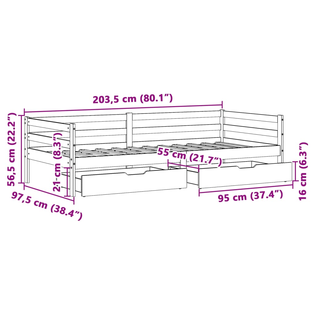 Dnevni krevet s ladicama bez madraca 90x200 cm masivno drvo