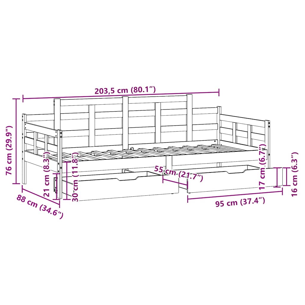 Dnevni krevet s ladicama bez madraca 80x200 cm masivno drvo