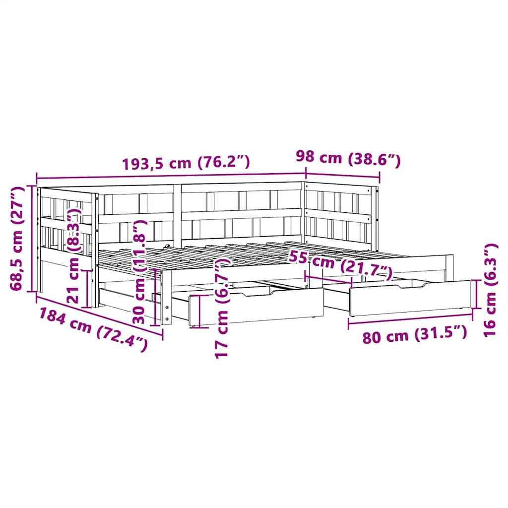 Dnevni krevet na razvlačenje s ladicama bez madraca 90 x 190 cm