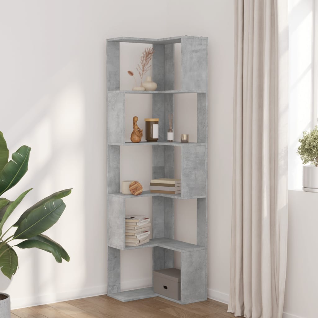 Kutni regal za knjige 5 razine boja betona 50x50x179 cm drveni