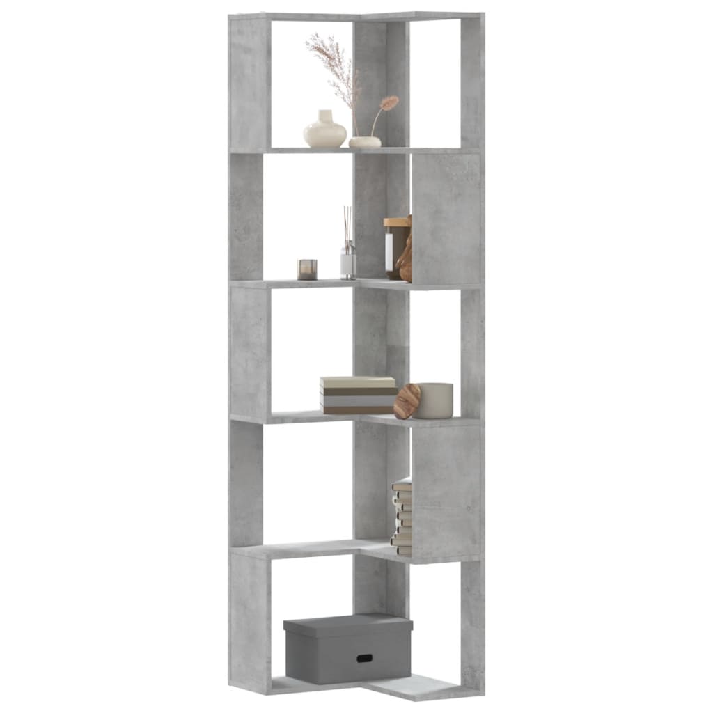 Kutni regal za knjige 5 razine boja betona 50x50x179 cm drveni