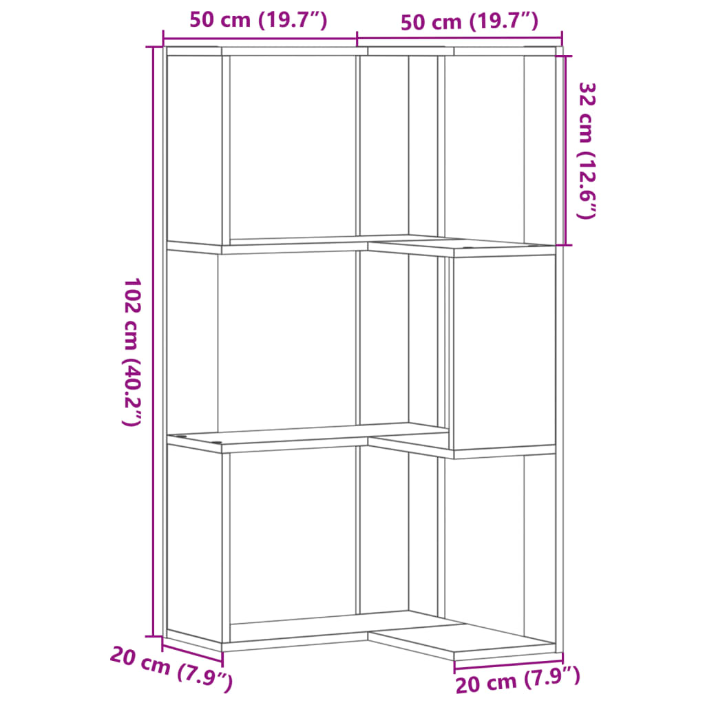 Kutni regal z knjige 3 razine artisian hrast 50x50x102cm drveni