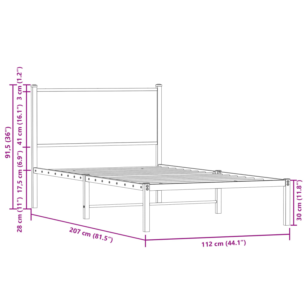 Metalni okvir kreveta bez madraca boja hrasta 107x203 cm